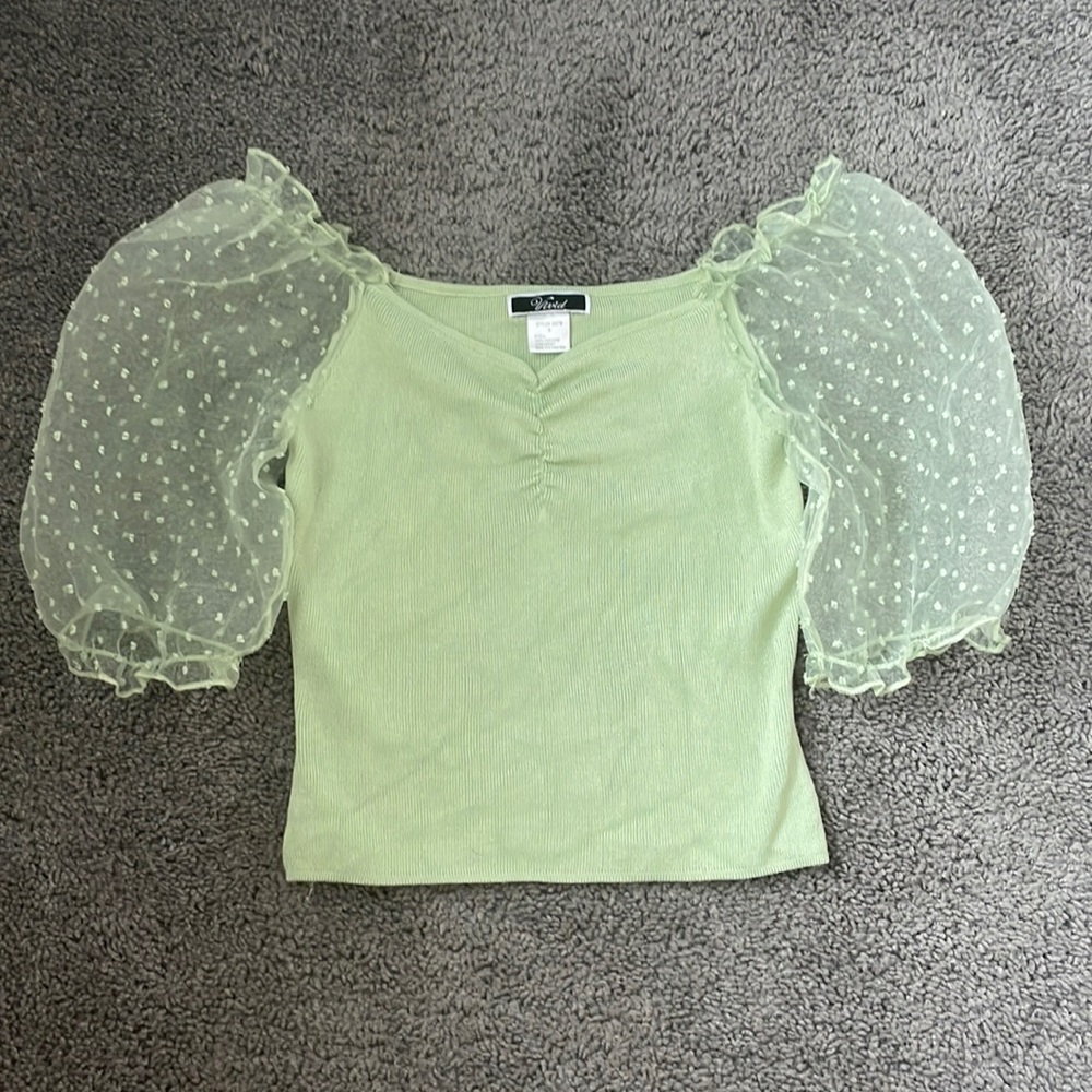 Cute mint top with sheer puffy sleeves